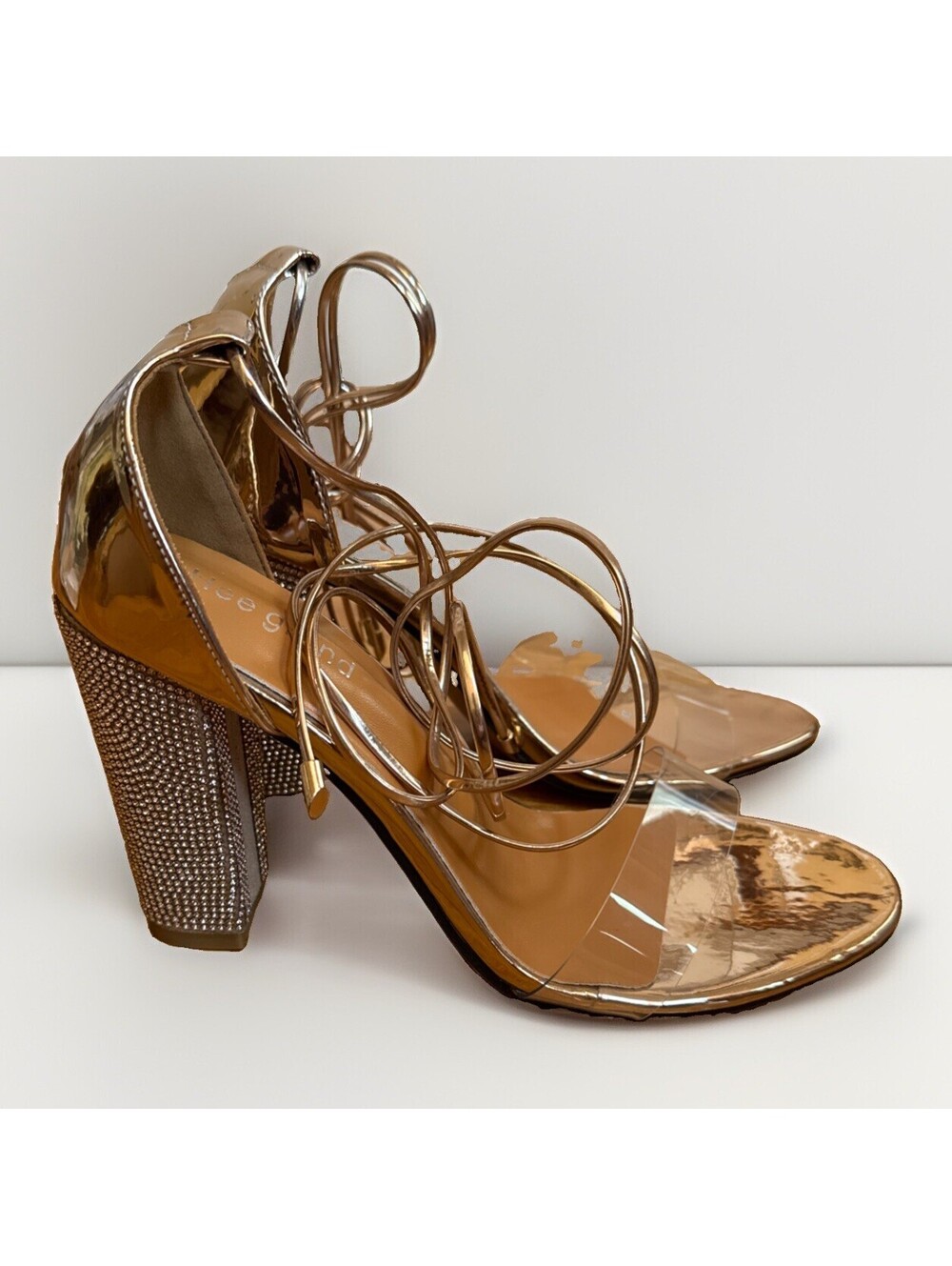 NEW Hee Grand Copper Chunky Heel Gladiator Rhinestone Shoes Size 6